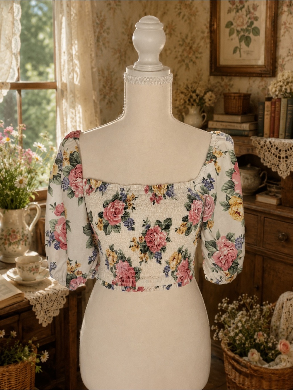 Forever 21 Floral Smocked Puff Sleeve Crop Top Size L